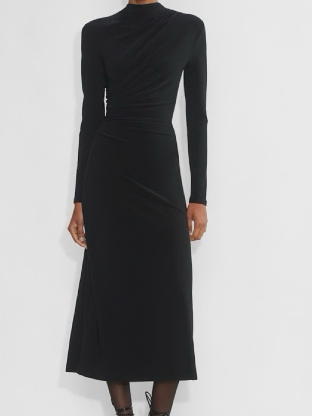 NWOT ZARA Womens Small Ruched Minimalist Long Sleeve Dress Midi Black Knit